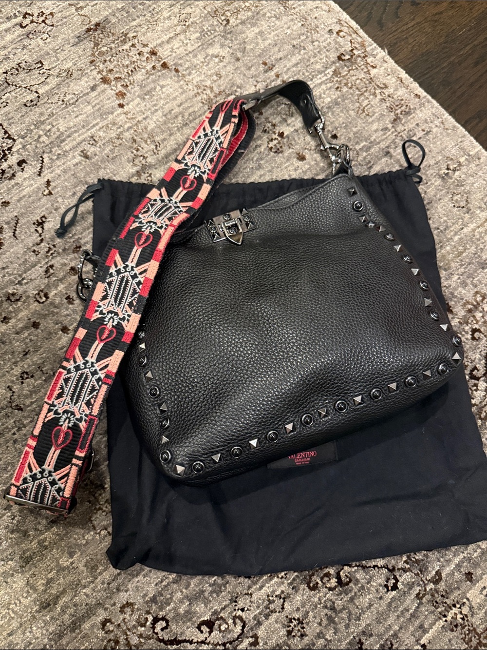 Valentino Black Pebbled Leather Shoulder Bag with Patterned Red Strap